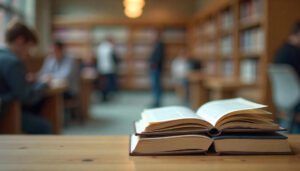 Stacked books in library with background students studying peacefully
